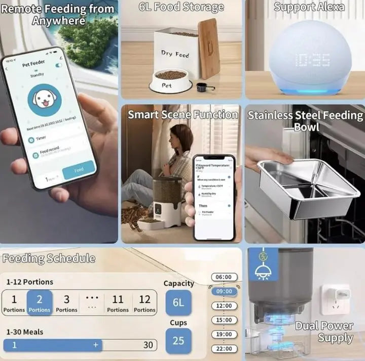 App-Controlled Wi-Fi Pet Food Dispenser with Auto-Feeding, Plastic-Steel Construction, Washable Parts for Dogs and Cats
